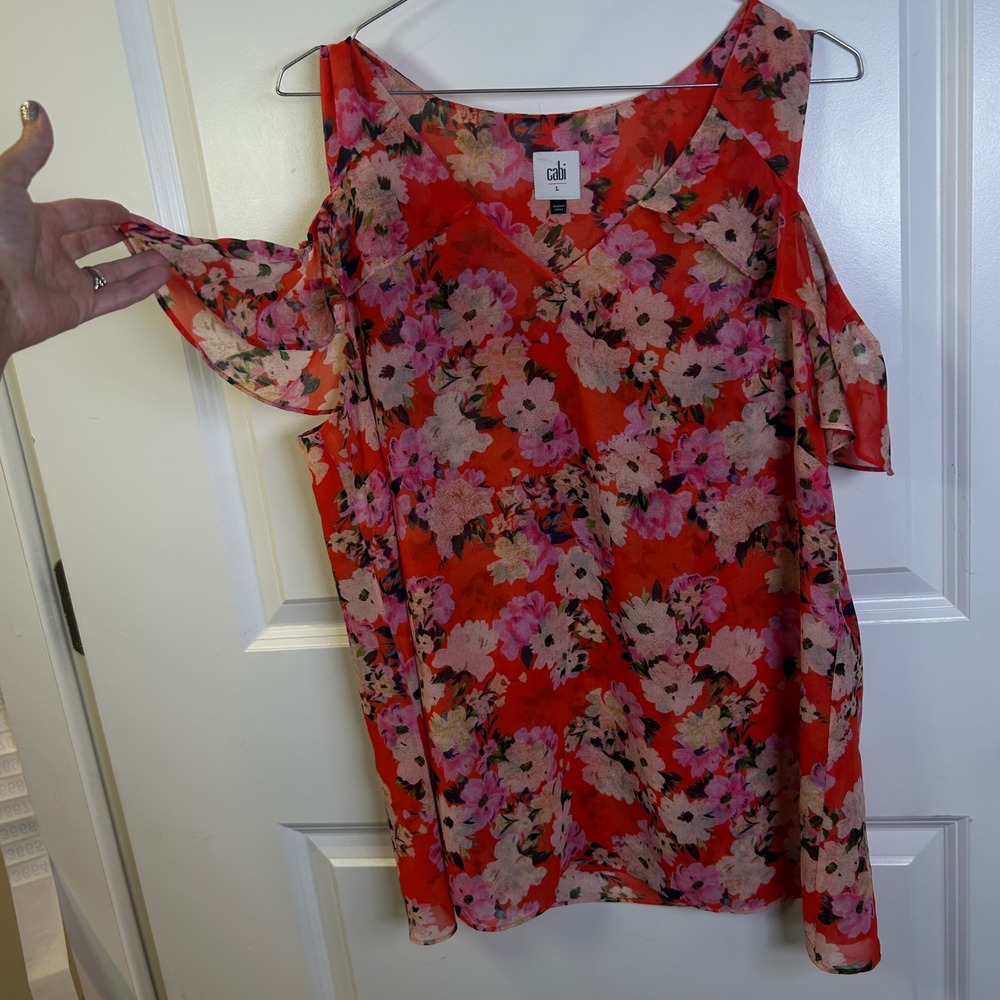 Cabi Women Blouse Orange Floral Cold Shoulder Ruffle Chiffon Top 5352 Size L‎